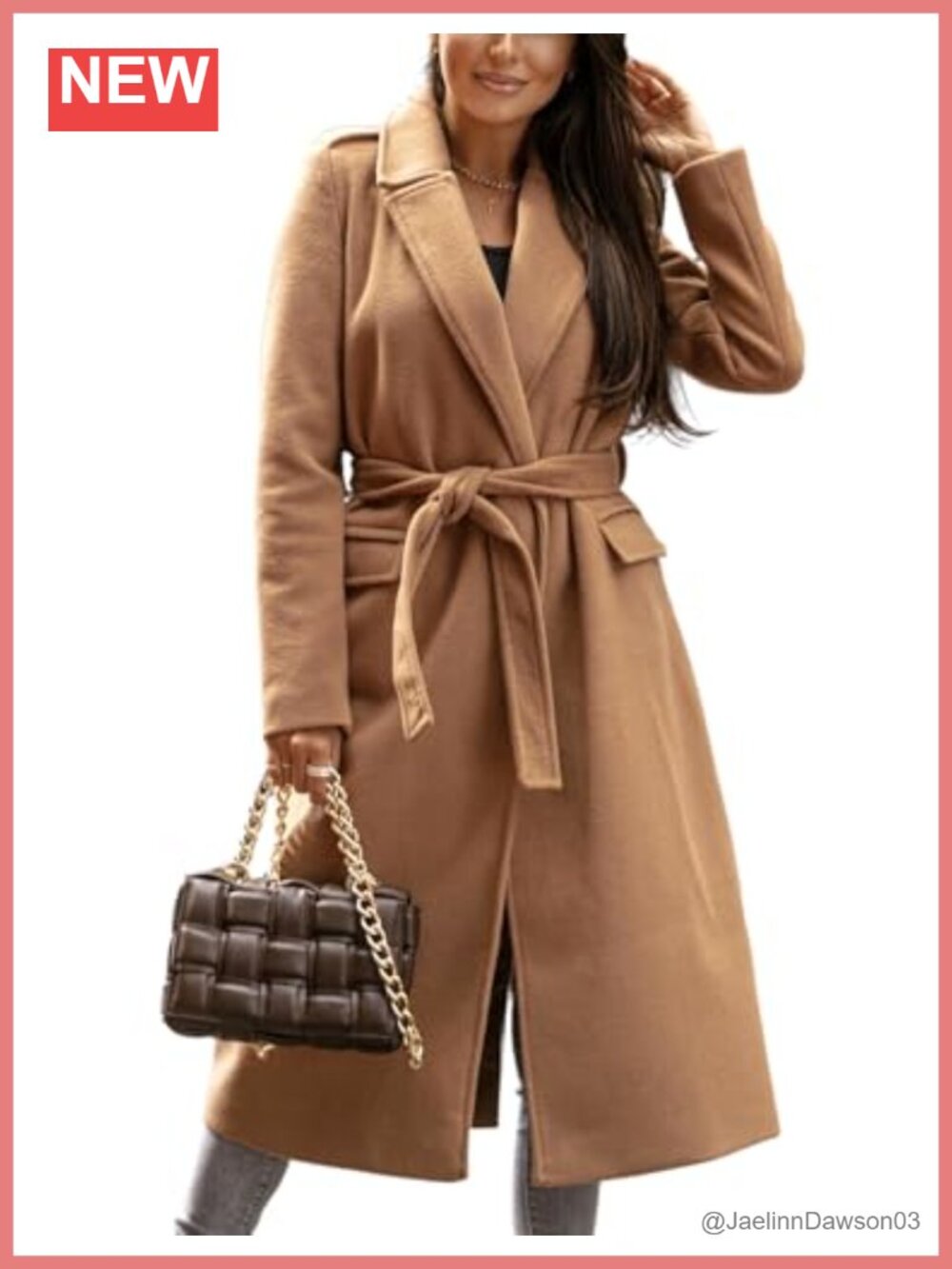 Womens Long Wool Pea Coat Open Front Trench Coat with Belt